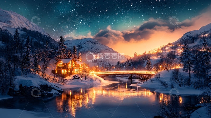 高清大图下载【趣麦麦图】雪山小屋的梦幻夜景