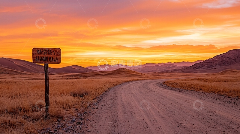高清大图下载【趣麦麦图】夕阳下的荒野道路