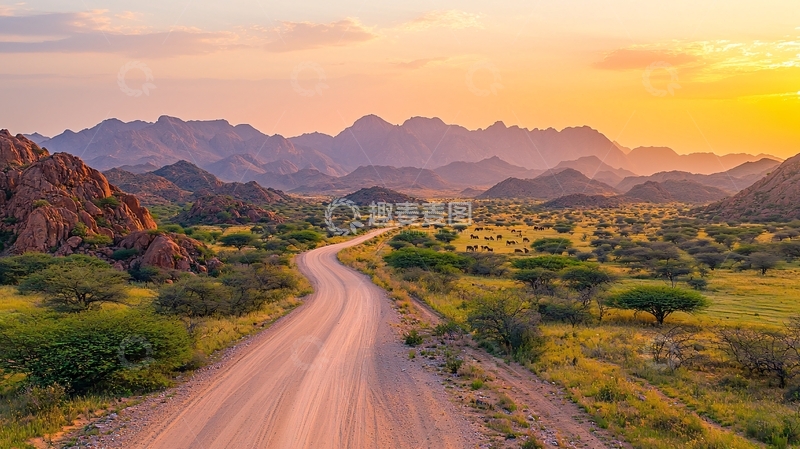 高清大图下载【趣麦麦图】崎岖道路上的壮丽日落
