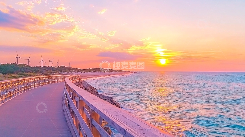 高清大图下载【趣麦麦图】唯美海边日落粉色天空