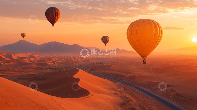 高清大图下载【趣麦麦图】热气球飞跃沙漠日落