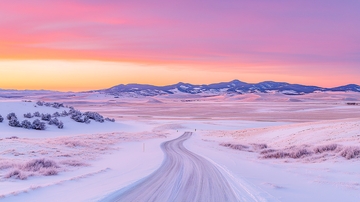 粉色天空下的雪路