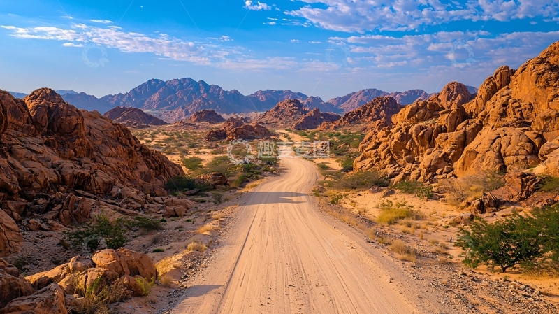 高清大图下载【趣麦麦图】崎岖的沙漠道路通往山脉