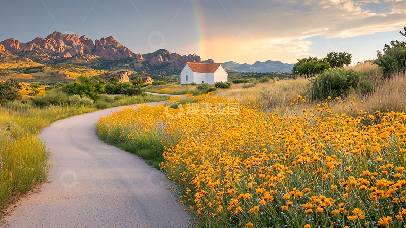 高清大图下载【趣麦麦图】田园风光下的公路和小屋