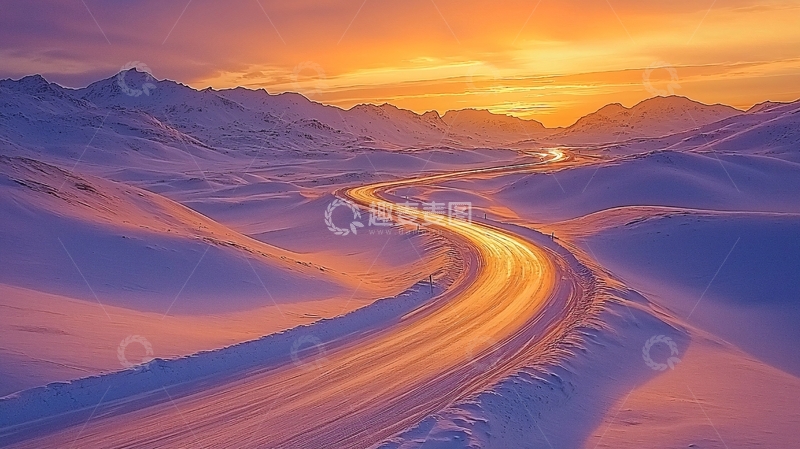 高清大图下载【趣麦麦图】雪山公路日落