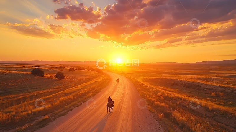 高清大图下载【趣麦麦图】骑马者在日落时分的荒野小路上