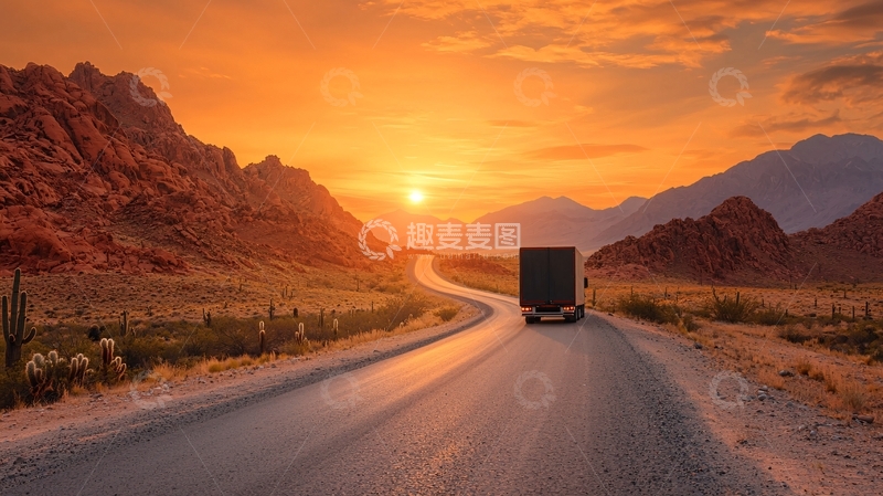 高清大图下载【趣麦麦图】-夕阳下的公路卡车