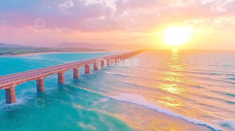 高清大图下载【趣麦麦图】海上日出下的桥梁
