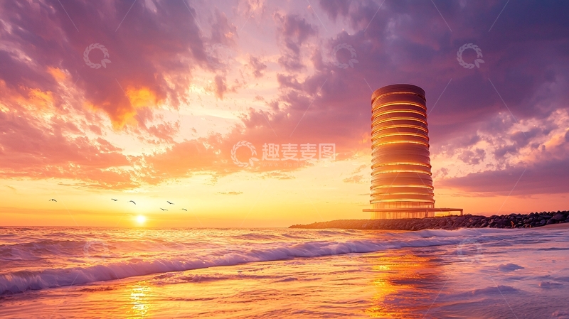 高清大图下载【趣麦麦图】海边日落下的高塔建筑
