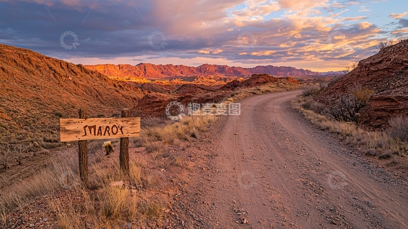 高清大图下载【趣麦麦图】荒漠小路和木制路牌