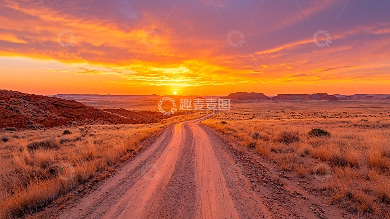 高清大图下载【趣麦麦图】金色日落下的沙漠路