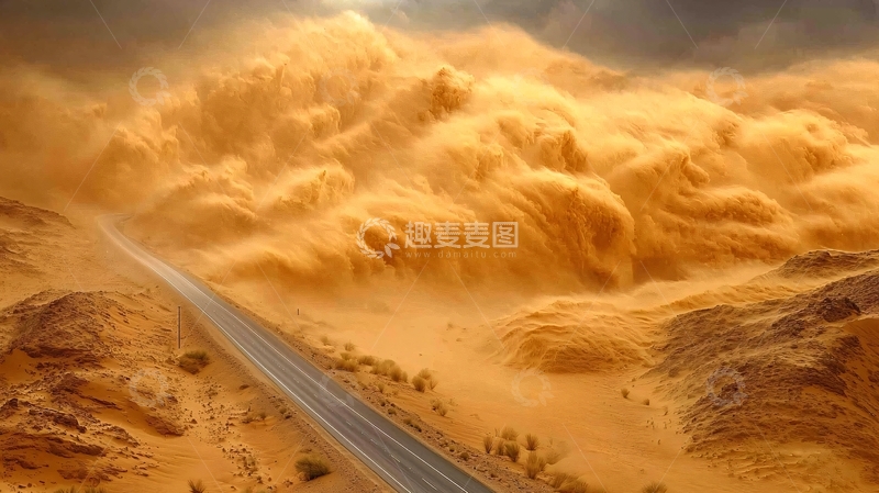 高清大图下载【趣麦麦图】金色沙尘暴中的公路