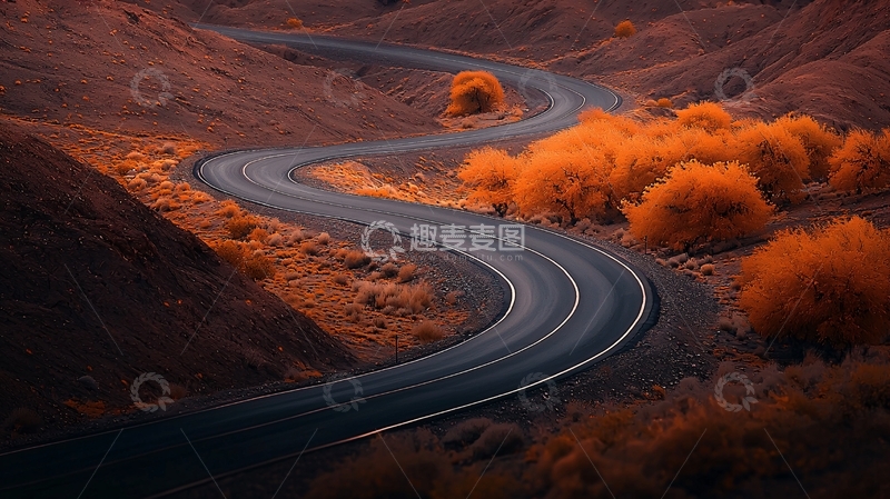 高清大图下载【趣麦麦图】弯曲的道路穿过秋天的山丘