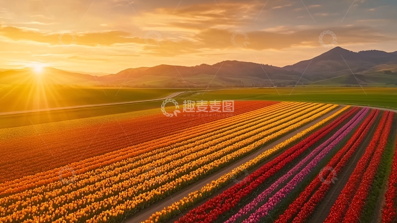 高清大图下载【趣麦麦图】日出下的彩色花田