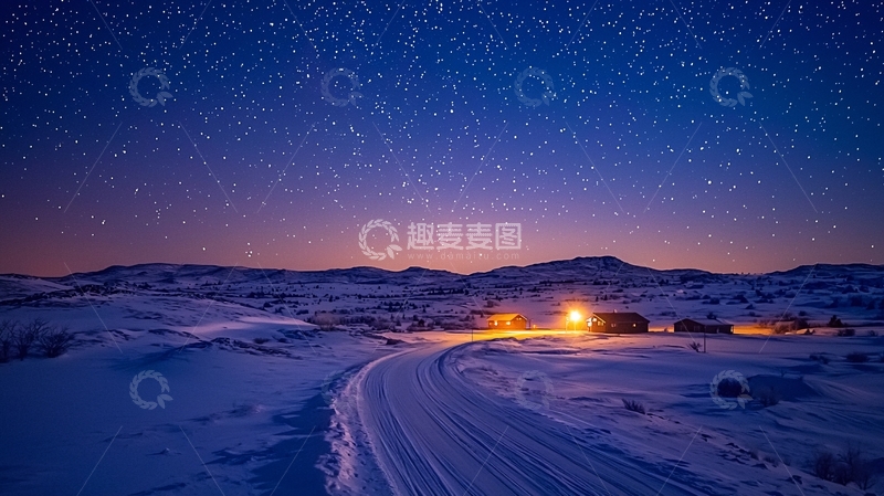 高清大图下载【趣麦麦图】冰雪覆盖的村庄星空夜景