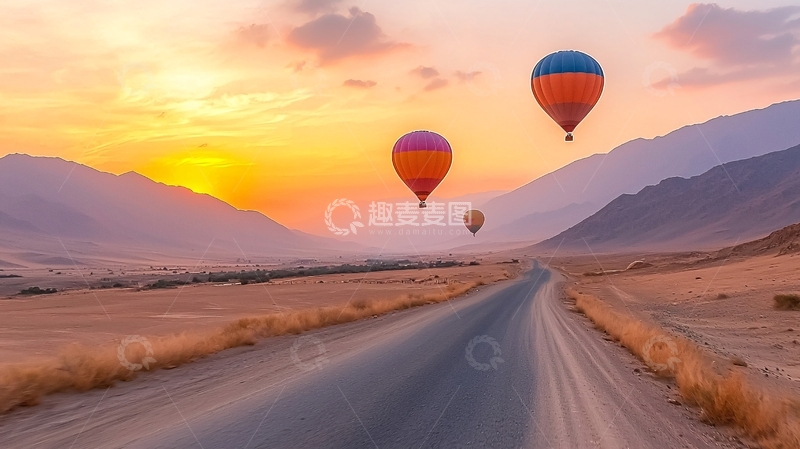 高清大图下载【趣麦麦图】热气球在山间道路上飞行