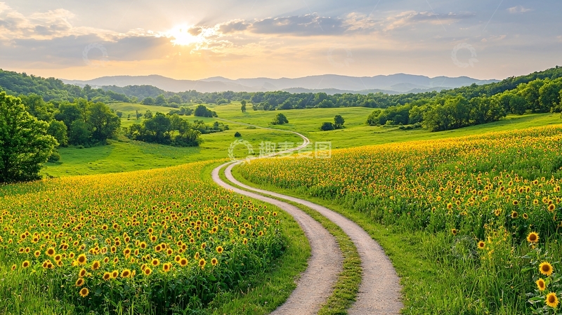 高清大图下载【趣麦麦图】蜿蜒小路穿过金灿灿的田野