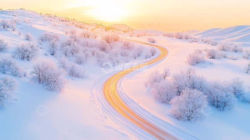 高清大图下载【趣麦麦图】冬日雪景中的蜿蜒道路