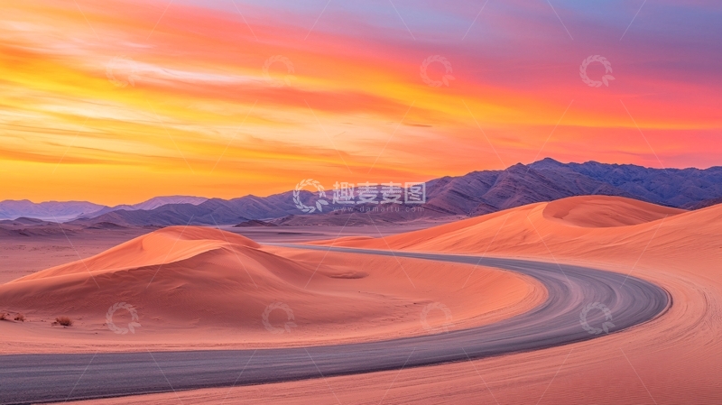 高清大图下载【趣麦麦图】沙漠公路日落美景
