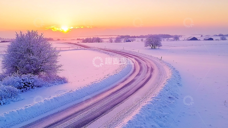 雪地道路日出景象