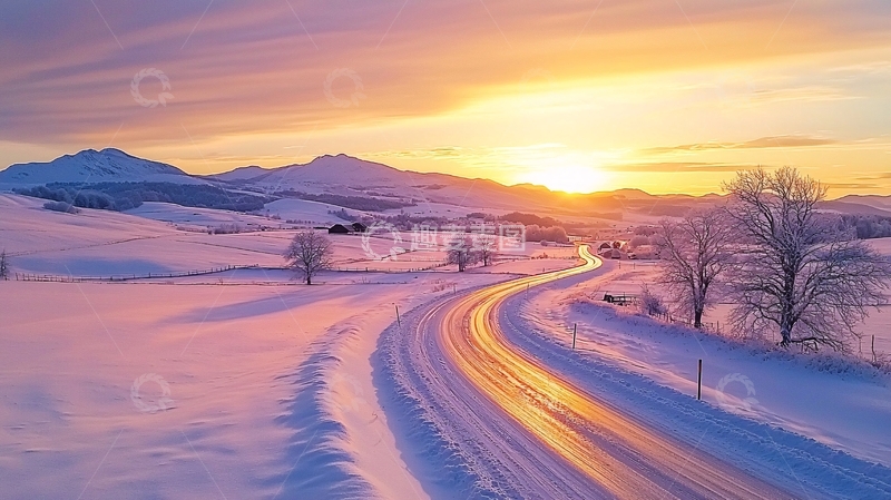 高清大图下载【趣麦麦图】冬日雪地日落下的道路
