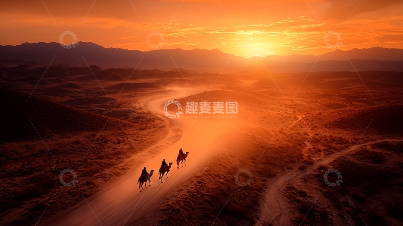高清大图下载【趣麦麦图】夕阳下沙漠驼队剪影