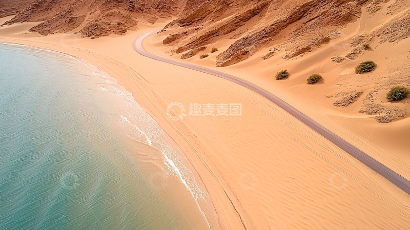 高清大图下载【趣麦麦图】海滩和沙漠相连的公路