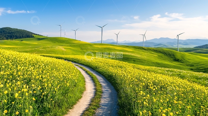 高清大图下载【趣麦麦图】绿色田野小路风车蓝天