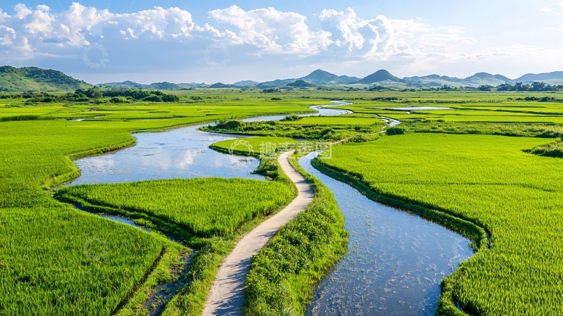 高清大图下载【趣麦麦图】绿色稻田河流蜿蜒