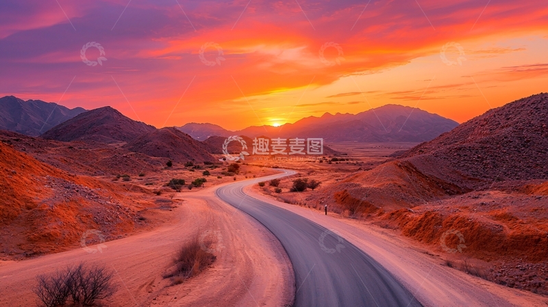 高清大图下载【趣麦麦图】壮丽日落下的蜿蜒公路