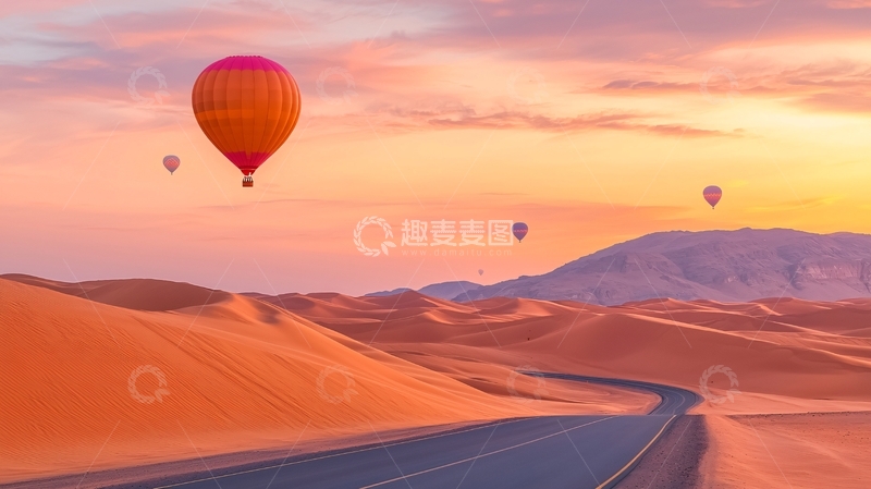 高清大图下载【趣麦麦图】沙漠热气球日落美景