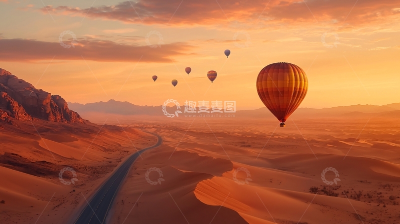 高清大图下载【趣麦麦图】金色沙漠热气球飞翔