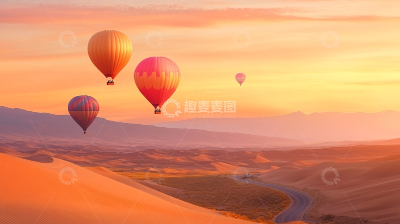 高清大图下载【趣麦麦图】热气球飞行在日落时分