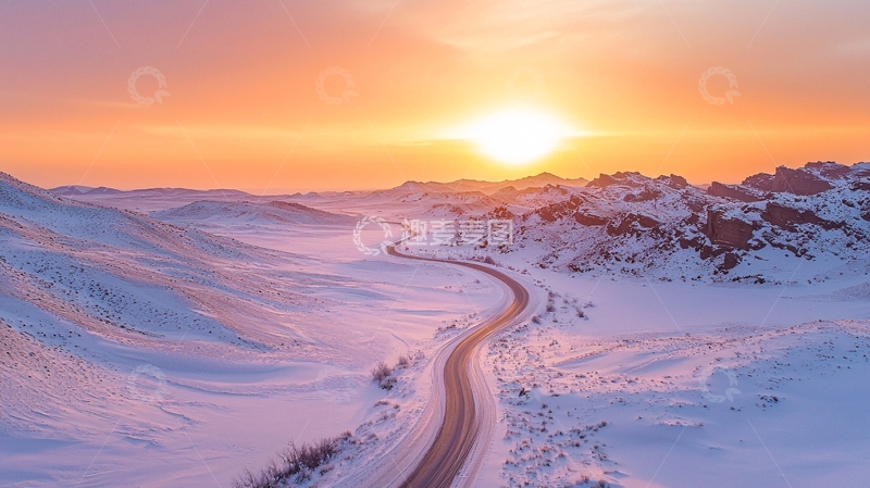 高清大图下载【趣麦麦图】雪山公路日出景色
