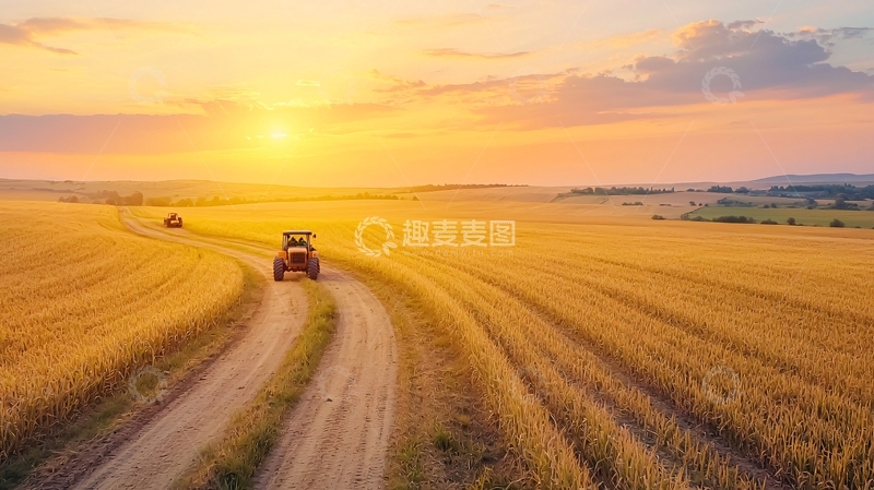 高清大图下载【趣麦麦图】金色麦田中的拖拉机
