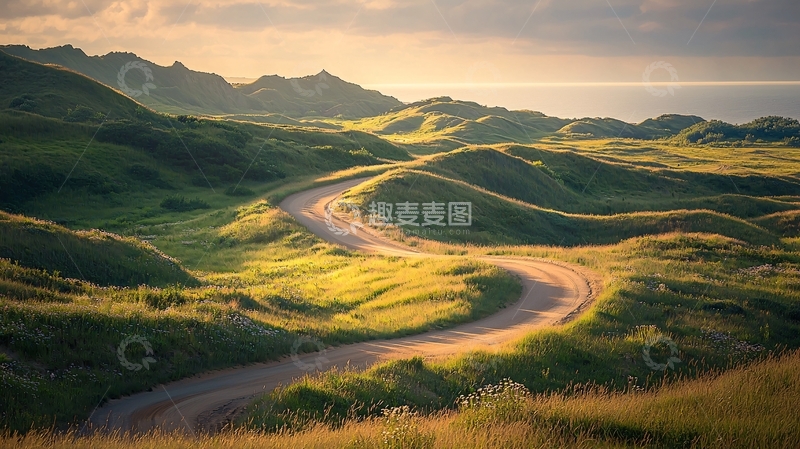 高清大图下载【趣麦麦图】蜿蜒道路穿过绿色山丘