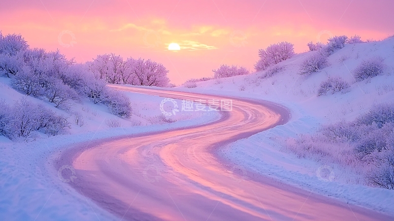 高清大图下载【趣麦麦图】粉色雪景道路