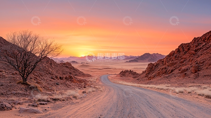 高清大图下载【趣麦麦图】沙漠公路日落