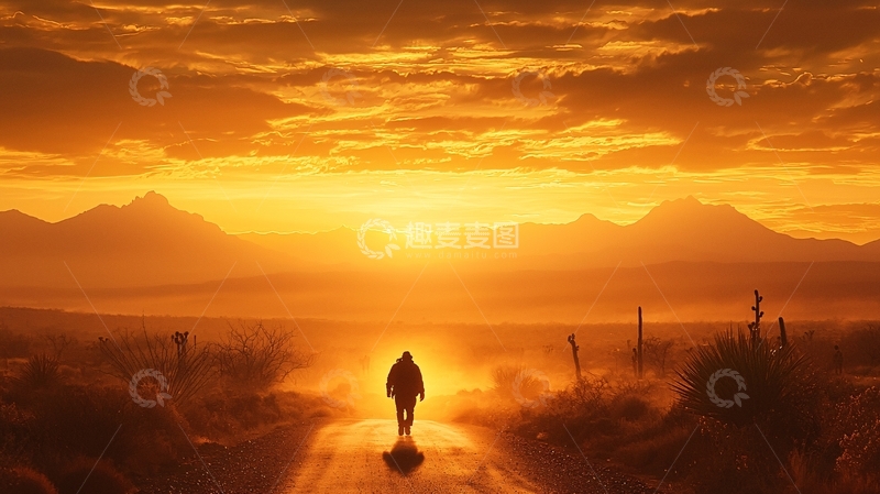 高清大图下载【趣麦麦图】孤独身影走向金色日落