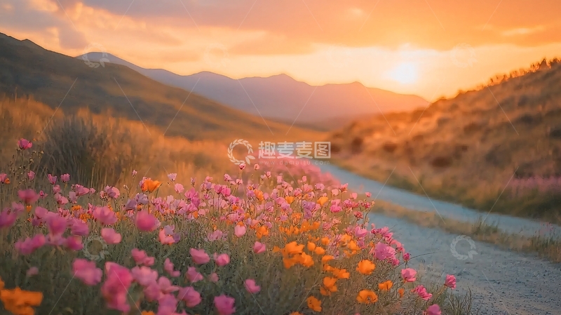 高清大图下载【趣麦麦图】夕阳下花田小路山景