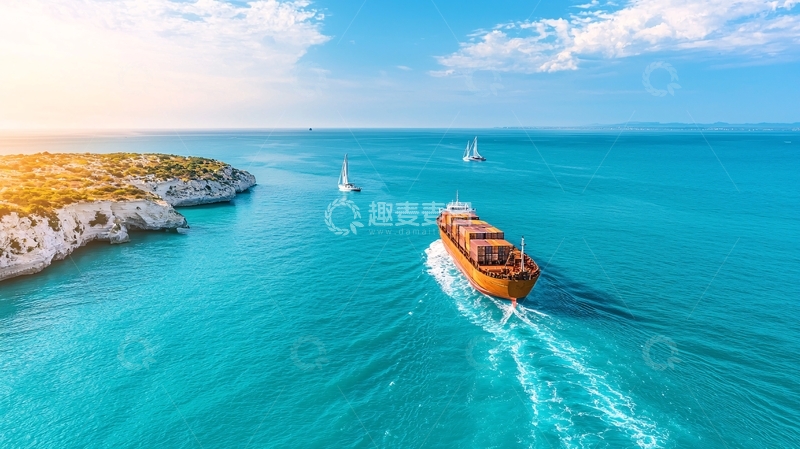 高清大图下载【趣麦麦图】碧海蓝天货轮航行图