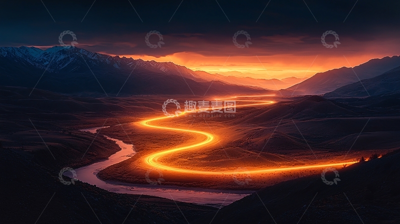 高清大图下载【趣麦麦图】金色河流蜿蜒在山谷中