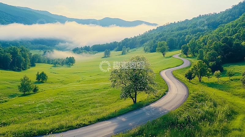 高清大图下载【趣麦麦图】蜿蜒道路穿过绿色田野