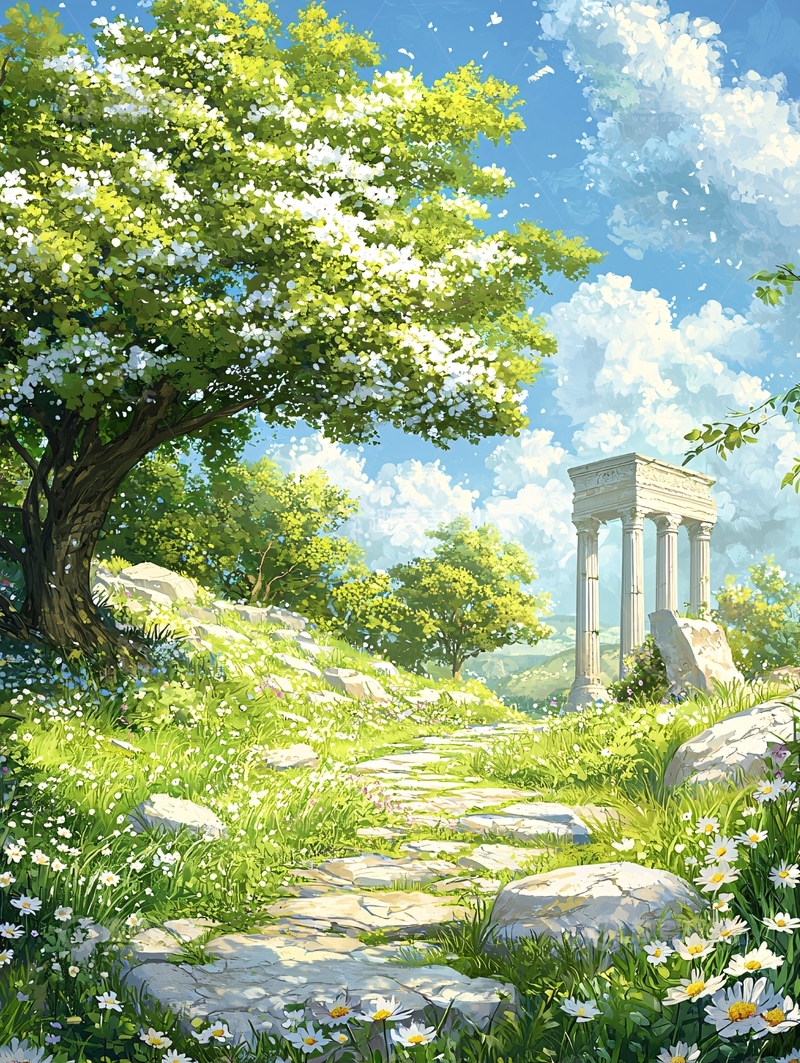 高清大图下载【趣麦麦图】绿树繁花中的石板路