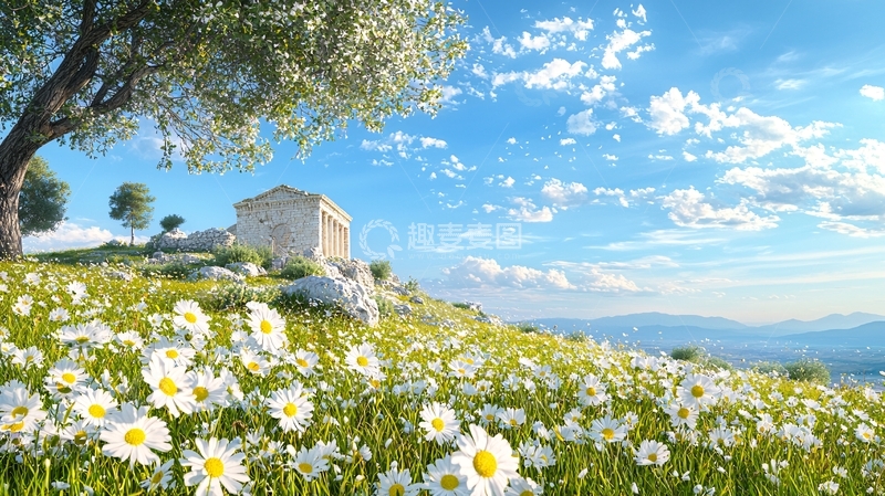 高清大图下载【趣麦麦图】美丽阳光下的花田小屋