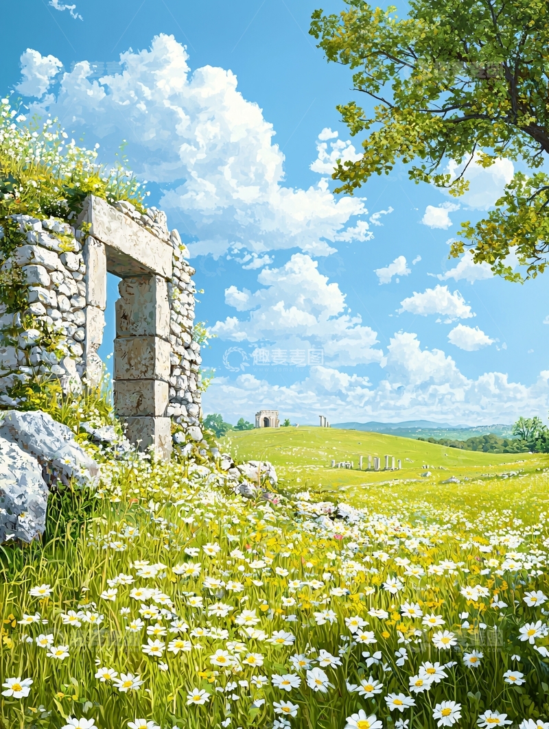高清大图下载【趣麦麦图】石头建筑遗迹在草地上