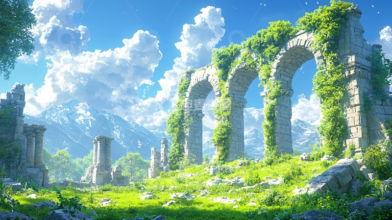 高清大图下载【趣麦麦图】废墟遗迹上的青草蓝天白云