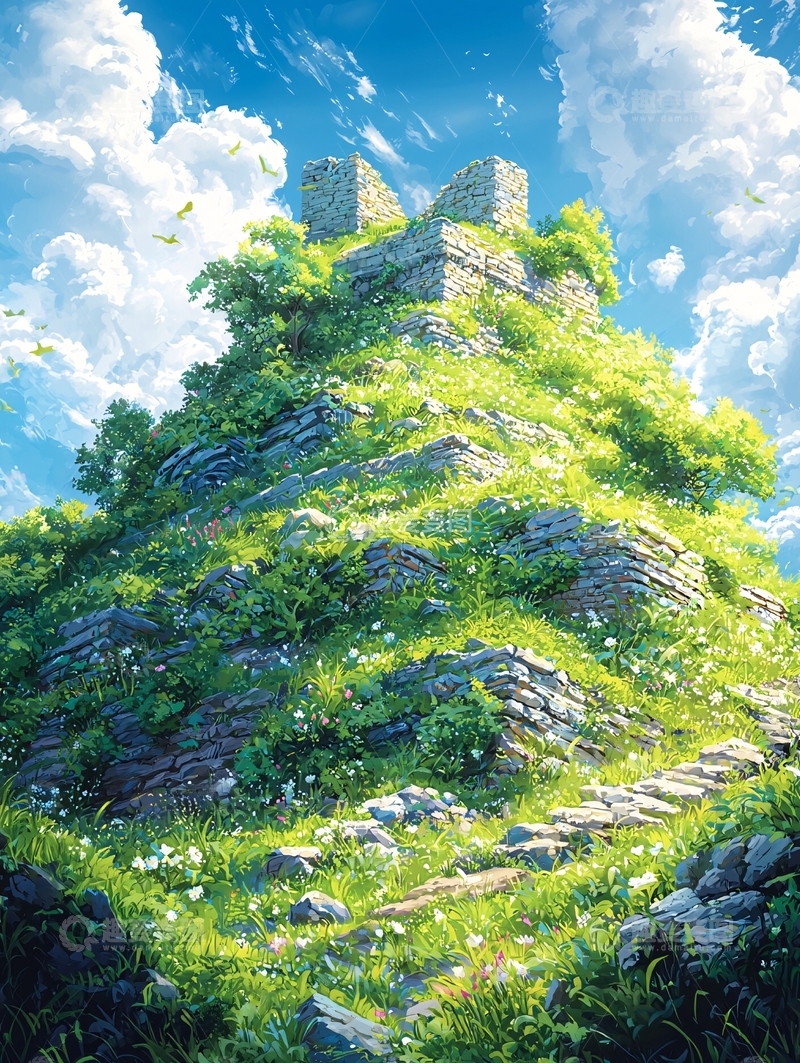 高清大图下载【趣麦麦图】绿色山丘上的城堡遗迹