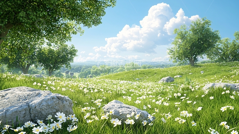 高清大图下载【趣麦麦图】绿草地上的白色小花