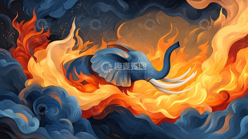 高清大图下载【趣麦麦图】火焰中蓝色大象